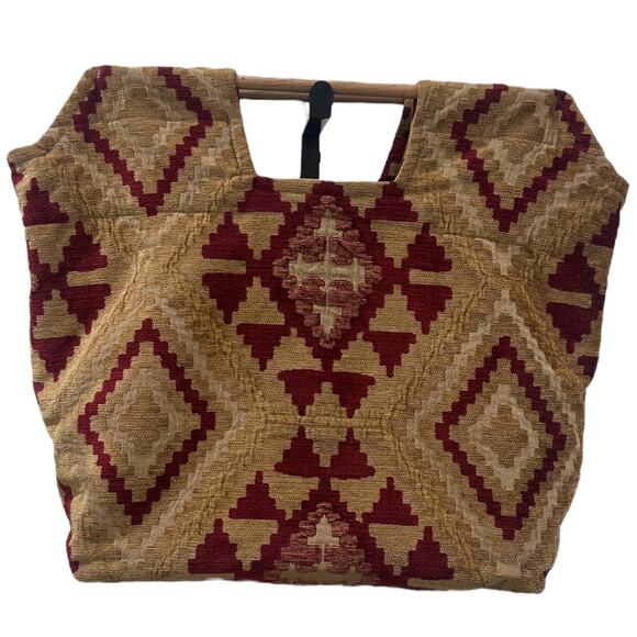 Fabric Tapestry Large Square Tote w/Wood Bar Handles - Picture 12 of 12